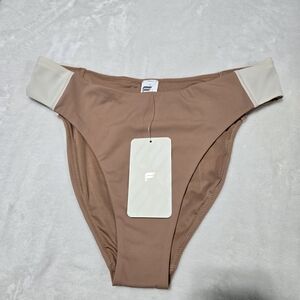 Fabletics Gabriella Swim Brief in Dusty  Tan with Cream Tag Accent